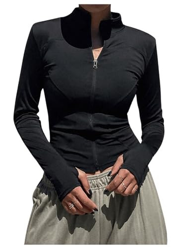 RoseSeek Women's Full Zip Workout Jacket Athletic Running Jacket Slim Fit Stand Collar Cropped Yoga Workout Top Black S | Amazon (US)