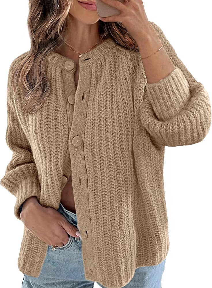 MEROKEETY Women's 2024 Long Sleeve Cardigan Sweater Crew Neck Button Ribbed Open Front Knit Outer... | Amazon (US)