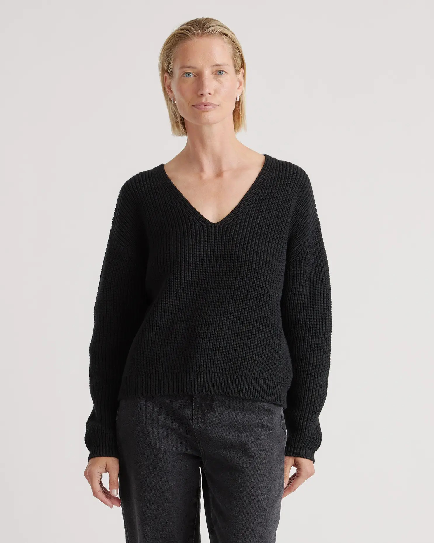 100% Organic Cotton Fisherman V-Neck Sweater in Speckled Beige | Quince