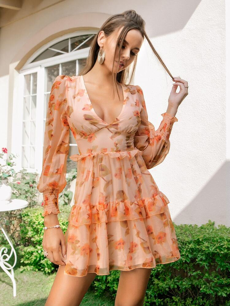NEWDouble Crazy Plunging Neck Ruffle Trim Shirred Cuff Dress | SHEIN