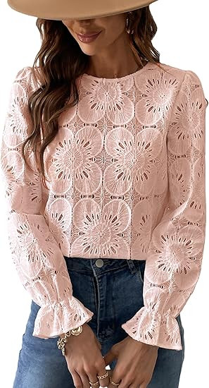 CUPSHE Women's Eyelet Long Sleeve Tops Shirts Dressy Hollow Out Crochet Lace Embroidered Blouses ... | Amazon (US)