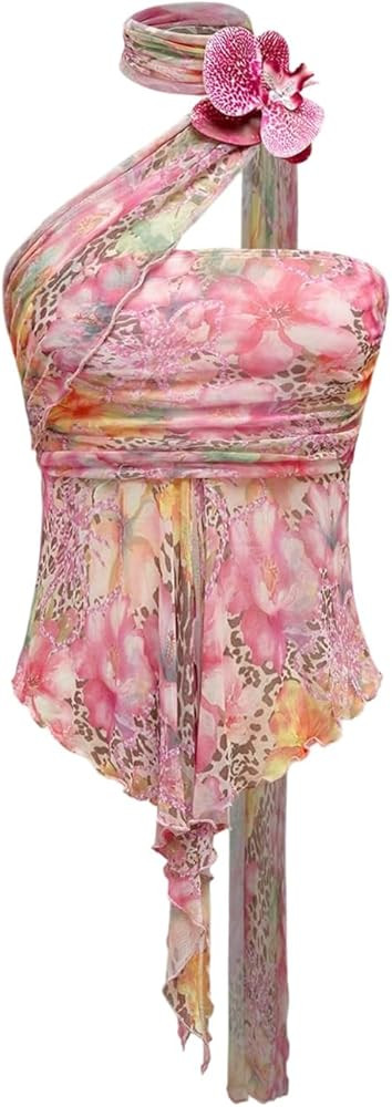 GORGLITTER Women's Halter Scarf Top Floral Print Mesh Ruffle Tube Top Strapless Y2K Tropical Vaca... | Amazon (US)