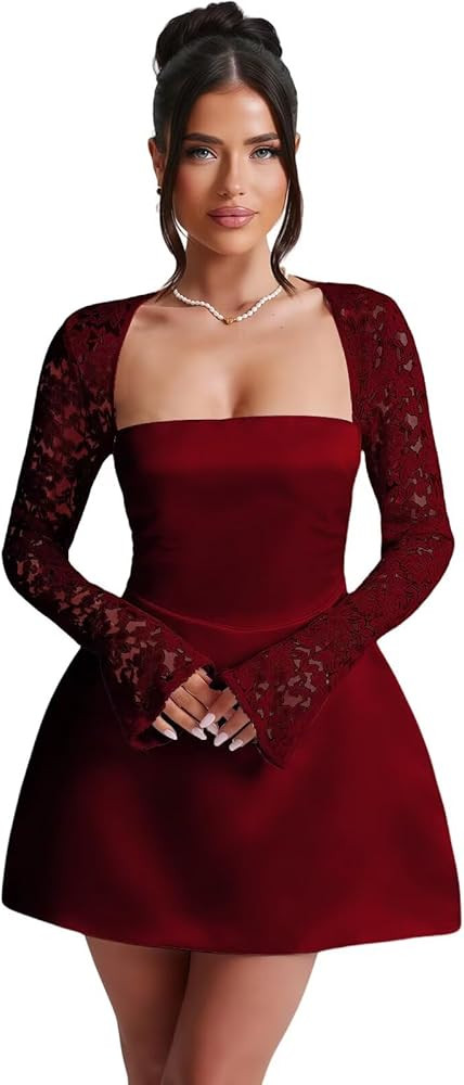 Long Sleeve Homecoming Dresses for Teens 2025 Satin Lace Short Prom Cocktail Dress | Amazon (US)