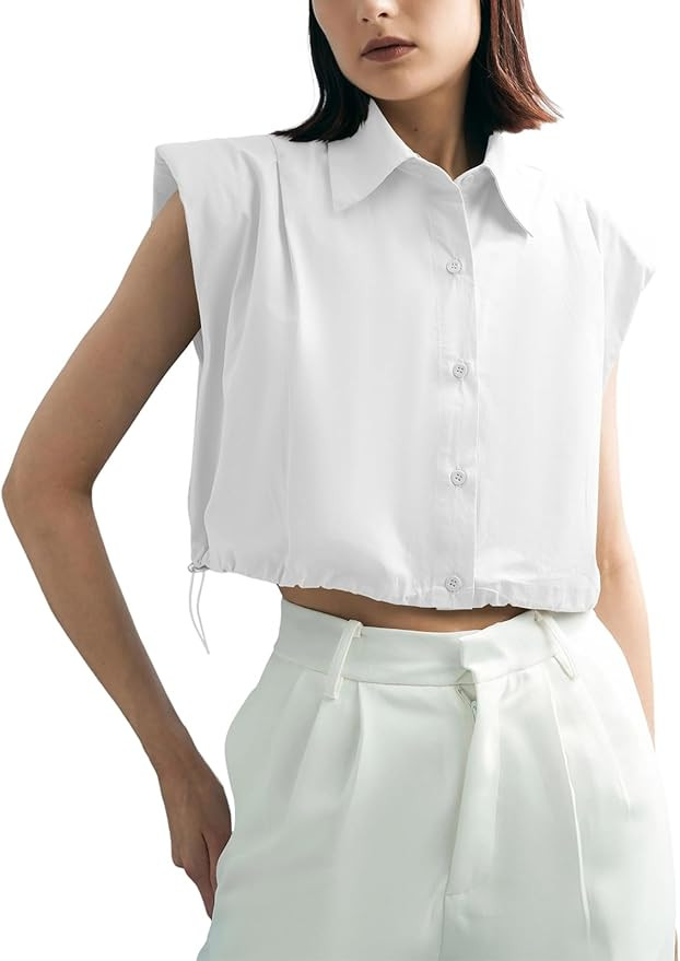 Tankaneo Womens Sleeveless Button Down Shirts Casual Loose V Neck Pad Shoulder Crop Tank Top | Amazon (US)