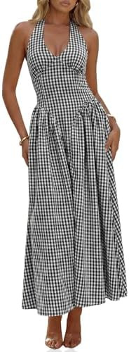 Wenrine Womens Halter V Neck Corset Maxi Dresses Summer Plaid Smocked Tie Back Backless Wedding G... | Amazon (US)