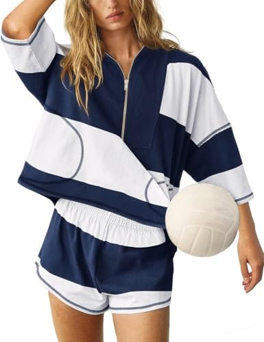 Women’s Striped 2 Piece Workout Set Casual Oversized Half Zip Top and Shorts Sets Retro Rugby O... | Amazon (US)