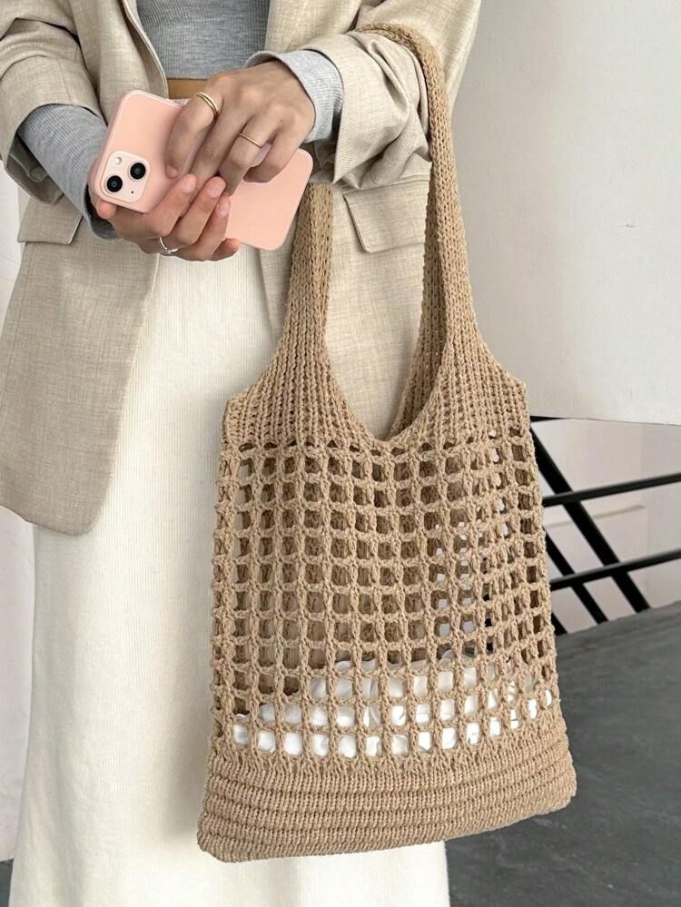 Large Capacity Crochet Single Shoulder Bag Vacation Casual Woven Shoulder Bag | SHEIN