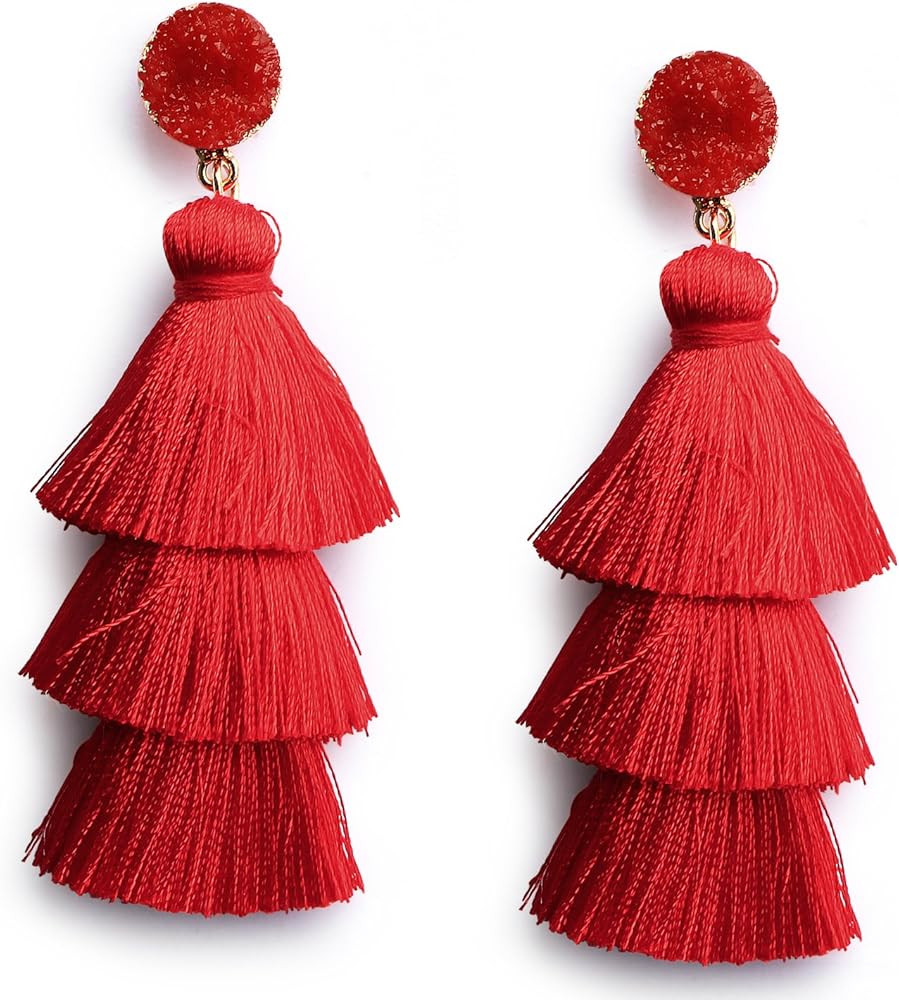 Me&Hz Colorful Layered Tassel Earrings Bohemian Tiered Tassel Druzy Stud Dangle Drop Earrings for Wo | Amazon (US)