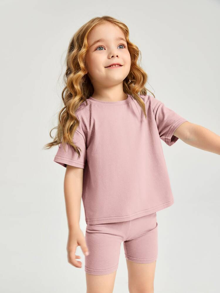 SHEIN BASICS Toddler Girls Drop Shoulder Top & Biker Shorts Set | SHEIN