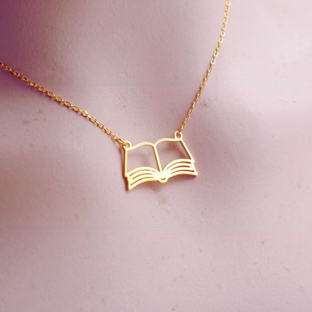 Book Necklace, Open Book Lover Gift, Bookworm Jewelry, Gold Silver Necklace, Gold/Rose Gold Plate... | Etsy (US)