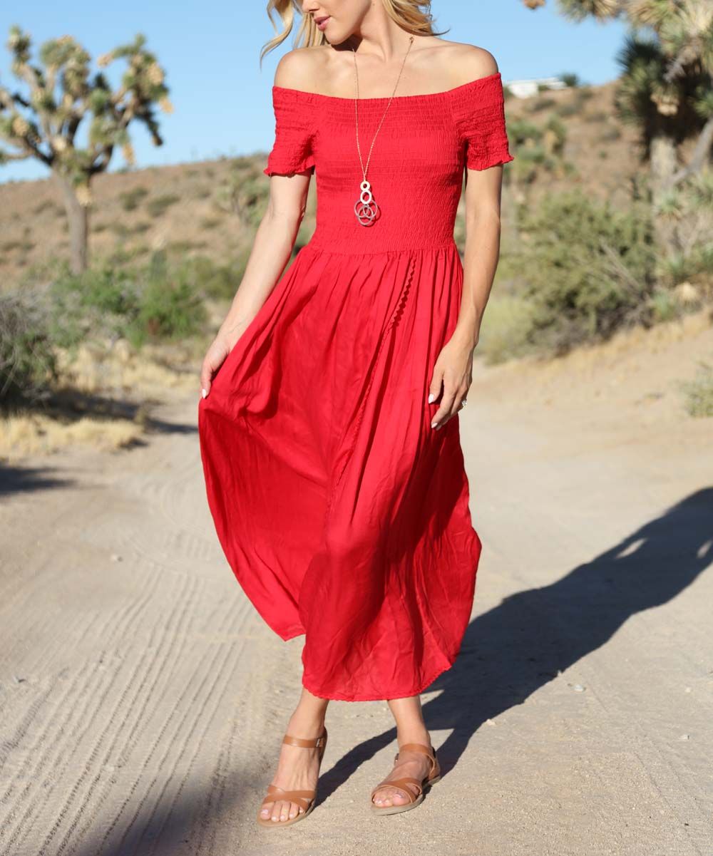 Ananda's Collection Women's Casual Dresses red - Red Shirred Off-Shoulder Maxi Dress | Zulily