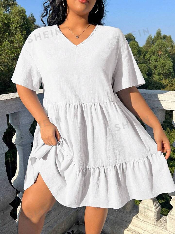 SHEIN EZwear Vestido blanco de talla grande para mujer con tejido de algodón tejido, cuello en V... | SHEIN