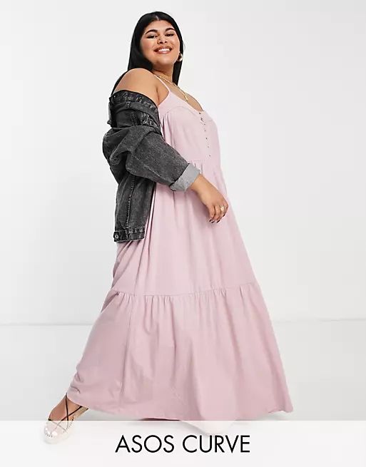 ASOS DESIGN Curve tiered cami maxi dress with faux shell buttons in rose | ASOS | ASOS (Global)