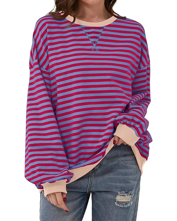 Women Oversized Striped Color Block Long Sleeve Crew Neck Sweatshirt Casual Loose Pullover Y2K Sh... | Amazon (US)
