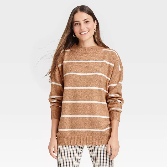 Women's Slouchy Mock Turtleneck Pullover Sweater - A New Day™ Camel Striped L | Target