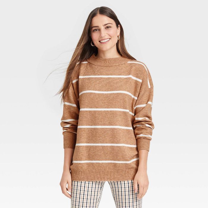 Women&#39;s Slouchy Mock Turtleneck Pullover Sweater - A New Day&#8482; Camel Striped L | Target