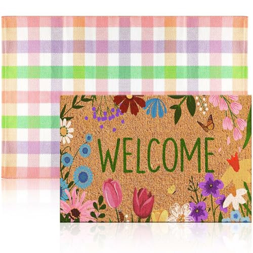 Moucuny 2 Pcs Spring Coir Doormat Outdoor Flower Welcome Outdoor Rug Front Porch Mats Layered Colorful Plaid Rugs for Spring Front Porch Entryway Decor | Amazon (US)