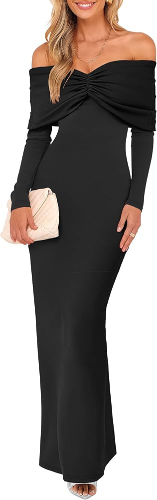 Caracilia Womens Off The Shoulder Bodycon Maxi Dress Fall Sexy Elegant Long Sleeve Ruched Club Pa... | Amazon (US)