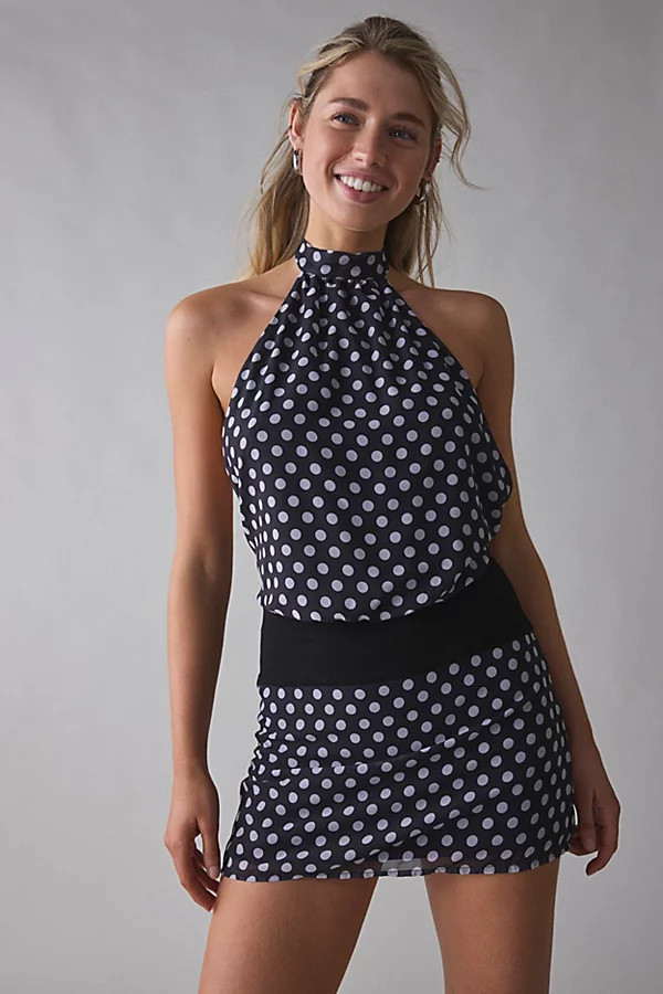 Motel Valina Polka Dot Halter Mini Dress in Black/White, Women's at Urban Outfitters | Urban Outfitters (US and RoW)
