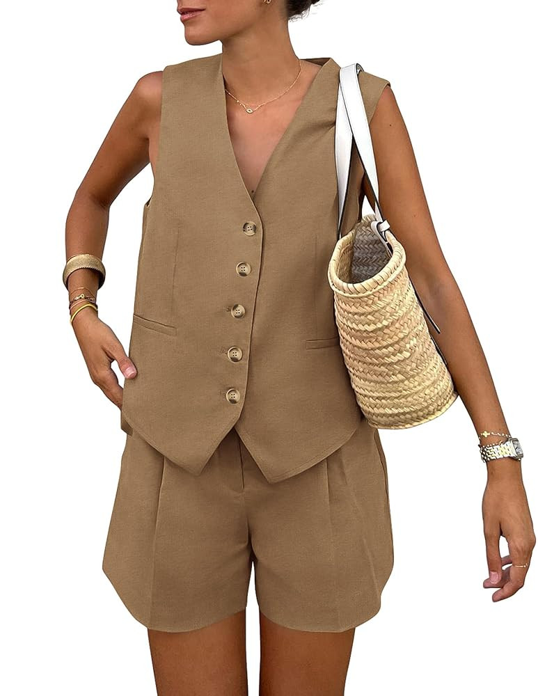 PRETTYGARDEN Women's Summer 2 Piece Outfits Sleeveless Matching Sets Button Down V Neck Vest Wais... | Amazon (US)