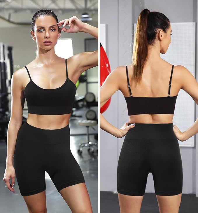 Seamless Workout Sets for Women 2 Piece Outfits High Waist Yoga Shorts Adjustable Padded Sports B... | Amazon (US)