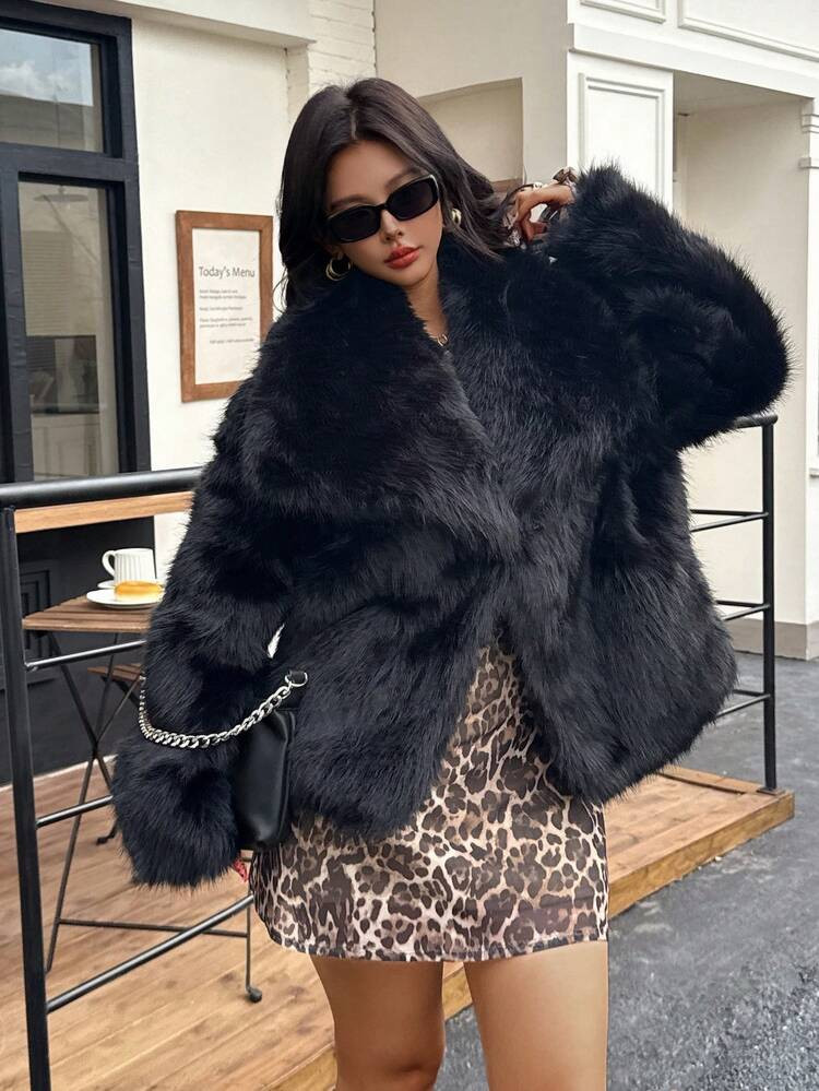 Seelio Autumn/Winter New Thick Faux Fur Collar Faux Fur Lined Mid-Length Fashionable Fur Coat | SHEIN