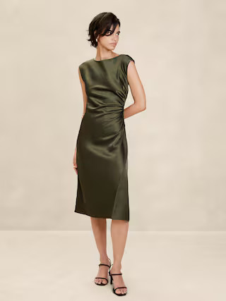 Shirred-Side Satin Midi Dress | Banana Republic Factory