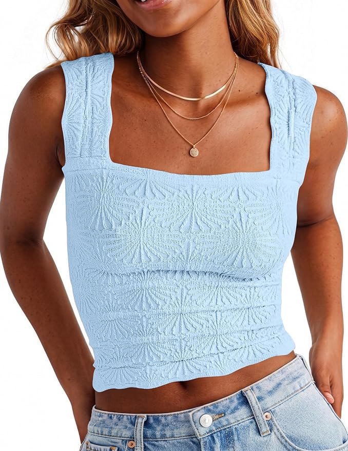 Crop Tank Tops for Women Square Neck Summer Top Wide Strap Tank Top | Amazon (US)