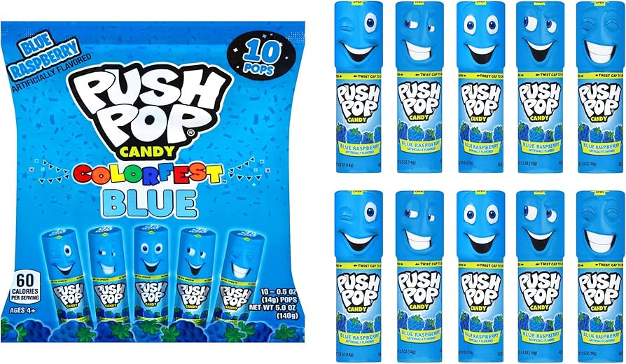 Push Pop Blue Colorfest - Blue Raspberry Lollipops Bulk Halloween Candy - 10 Count Individually W... | Amazon (US)