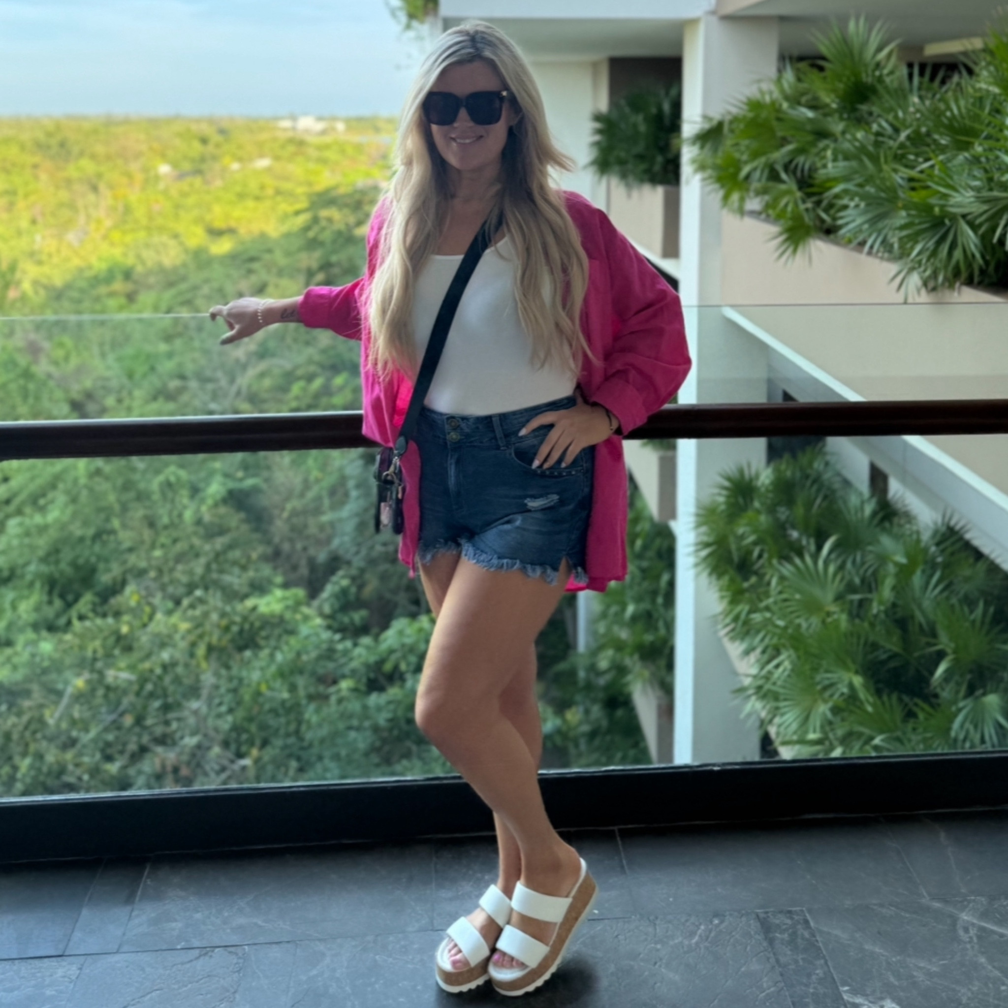 Vacation outfit. Shorts, bodysuit, wedges, swim cover up.

#LTKover40 #LTKmidsize #LTKstyletip