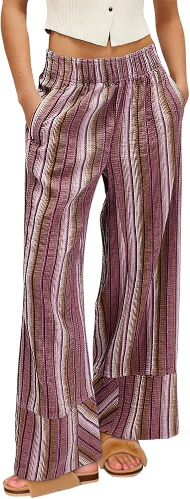 Cicy Bell Womens Wide Leg Lounge Pants Elastic High Waisted Striped Palazzo Pants Flowy Casual Be... | Amazon (US)