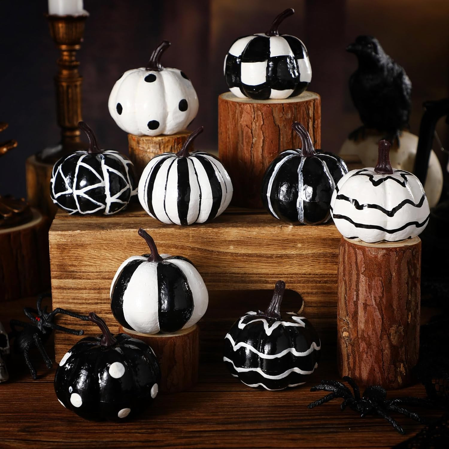 Leinuosen 9 Pcs Halloween Mini Pumpkin Decor Indoor Artificial Pumpkins Decor Black and White Buf... | Amazon (US)