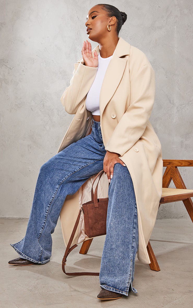 Plus Sand Oversized Wool Look Double Breasted Coat | PrettyLittleThing US
