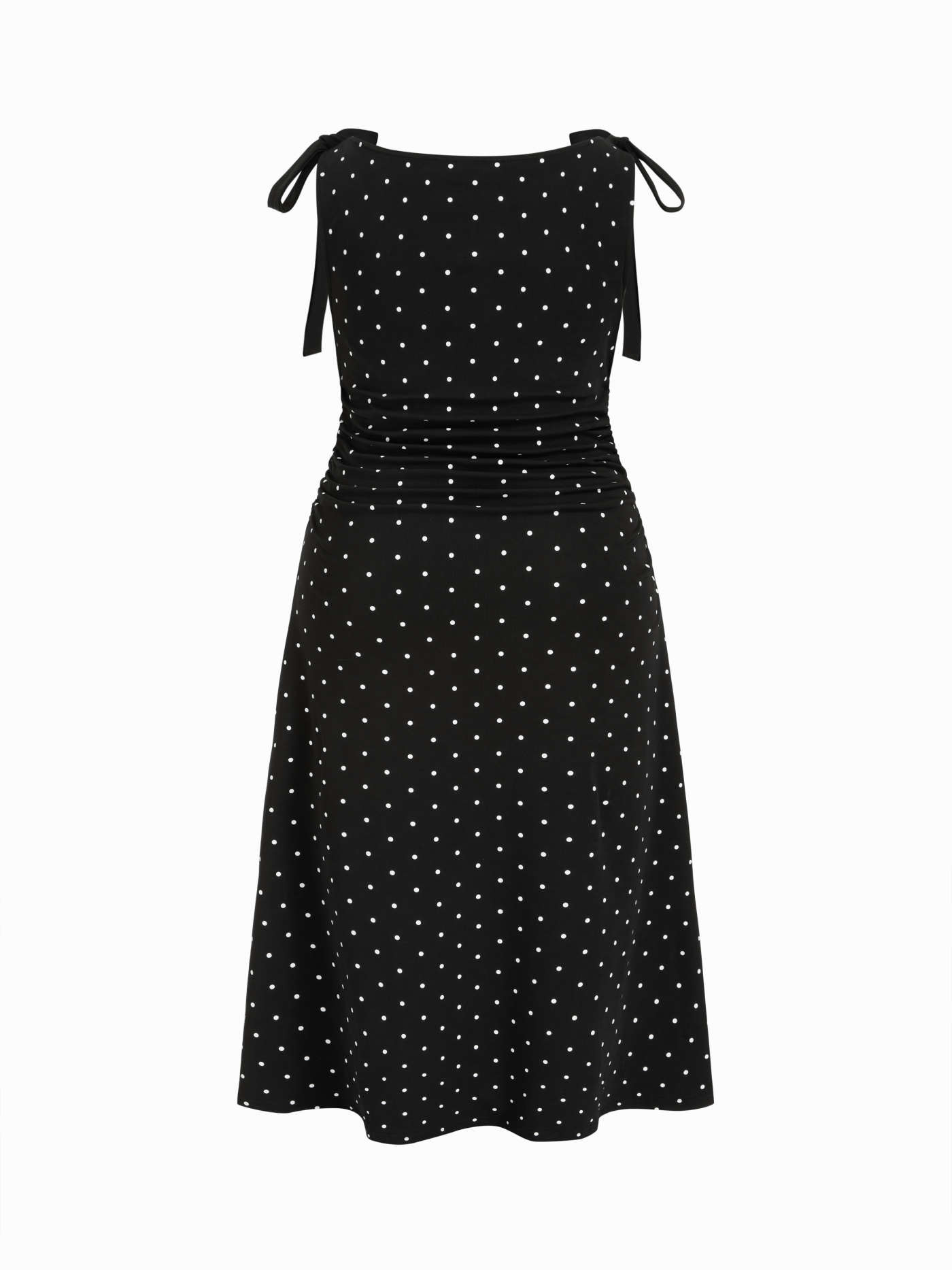 Knit Fabric Cotton-blend Polka Dot Boat Neck Bowknot Ruched Midi Dress Curve & Plus For Daily Cas... | Cider