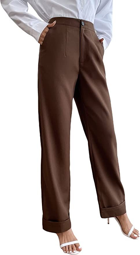 MakeMeChic Women's Casual Solid High Waist Straight Leg Work Office Pants Trouser | Amazon (US)