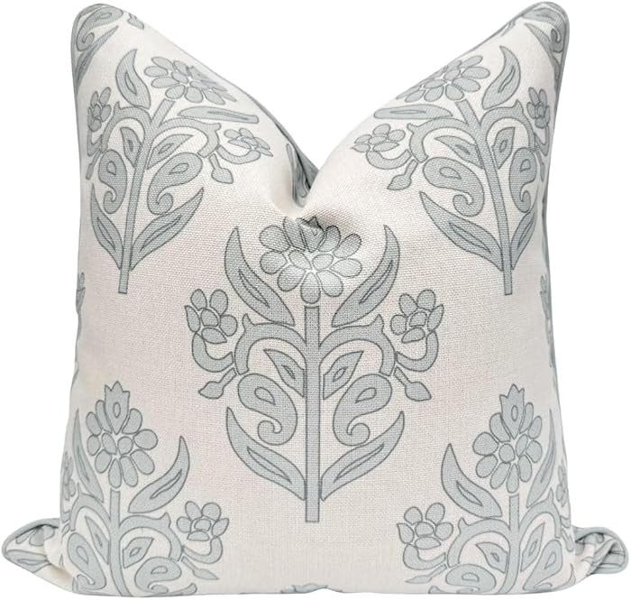\u201cThe Naples\u201d Floral Block Print Pillow Cover \u2013 Soft Grey and Off-White Decorative ... | Amazon (US)