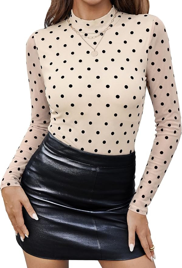 OFEEFAN Womens Mock Neck Mesh Long Sleeve Blouse Double Lined Slim Fit Top | Sheer Lace Sleeves |... | Amazon (US)