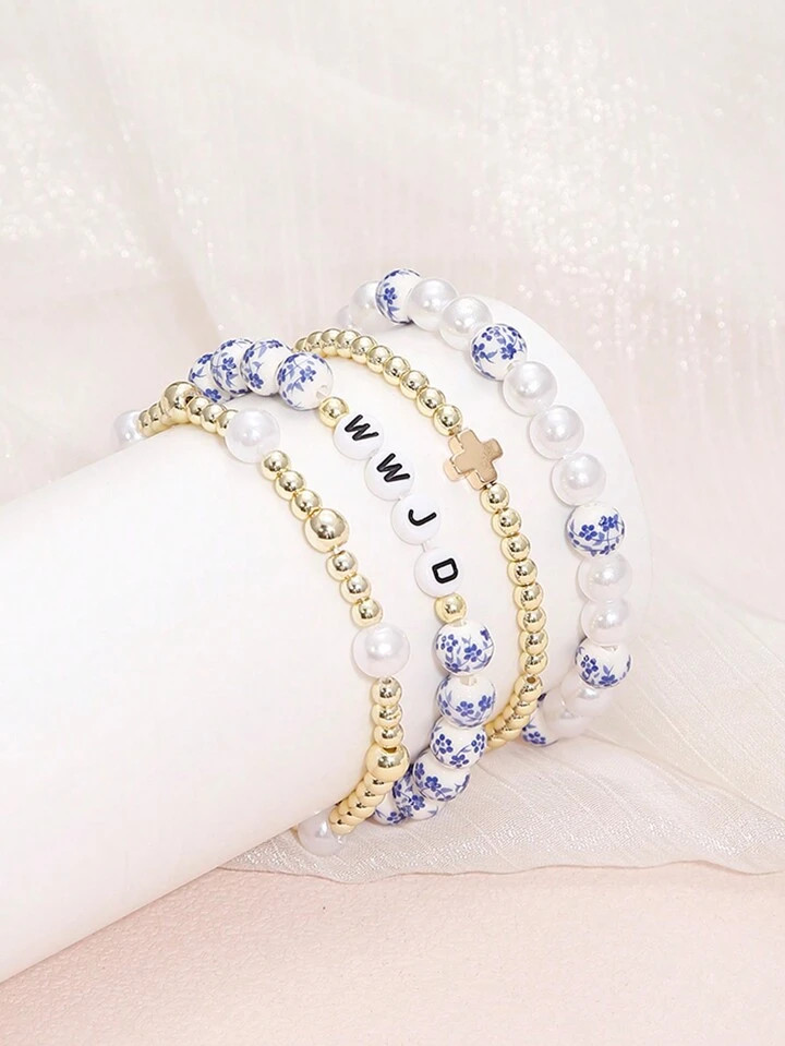 4PCS Fashion New Bohimian Boho Style And Elegant Blue And White Porcelain Faux Pearl Beaded Golde... | SHEIN