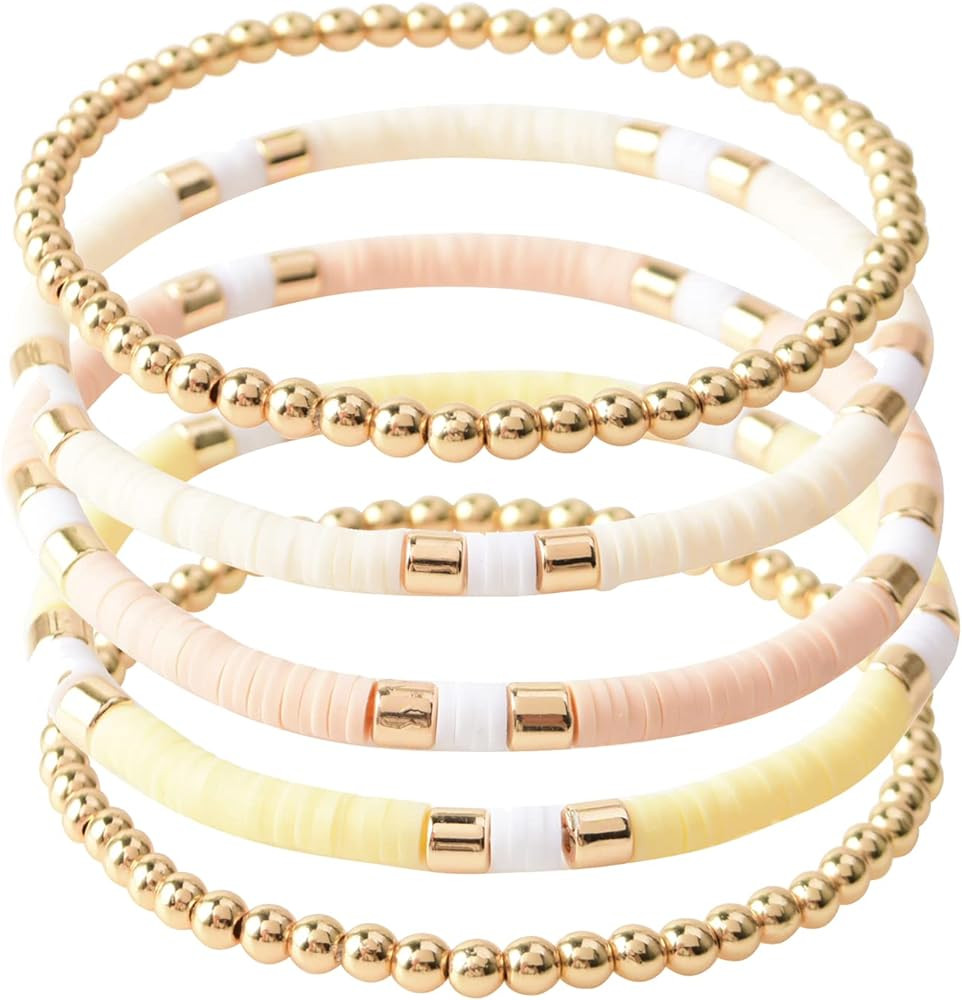 GOOJIDS Surfer Heishi Clay Bead Bracelets for Women Bohemian Stackable Gold Plated Beaded Stretch... | Amazon (US)