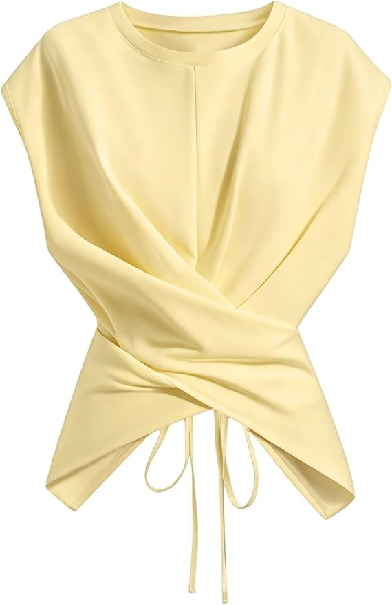 Verdusa Women's Cinched Waist Wrap Top Cap Sleeve Tie Back Going Out Workout Business Casual Tops | Amazon (US)