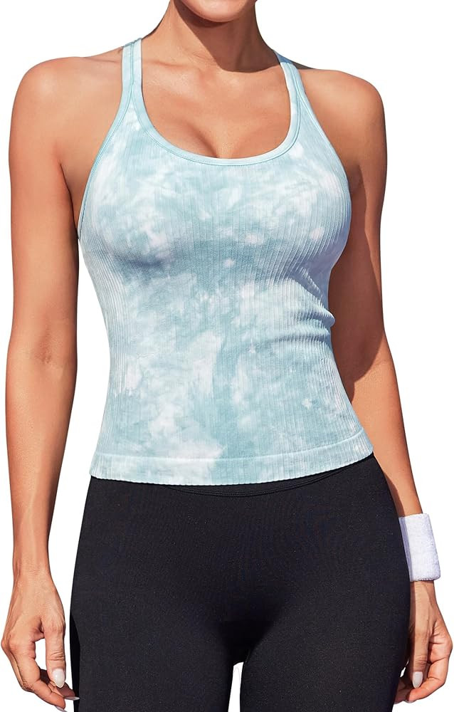 ATTRACO Women Ribbed Workout Crop Tops with Built in Bra Yoga Racerback Tank Top Tight Fit | Amazon (US)