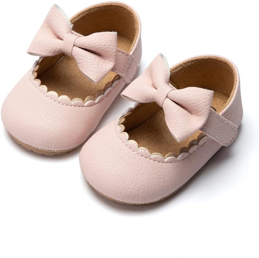 Infant Baby Girls Mary Jane Flats Non Slip Rubber Sole with Bownot Toddler First Walkers Princess... | Amazon (US)