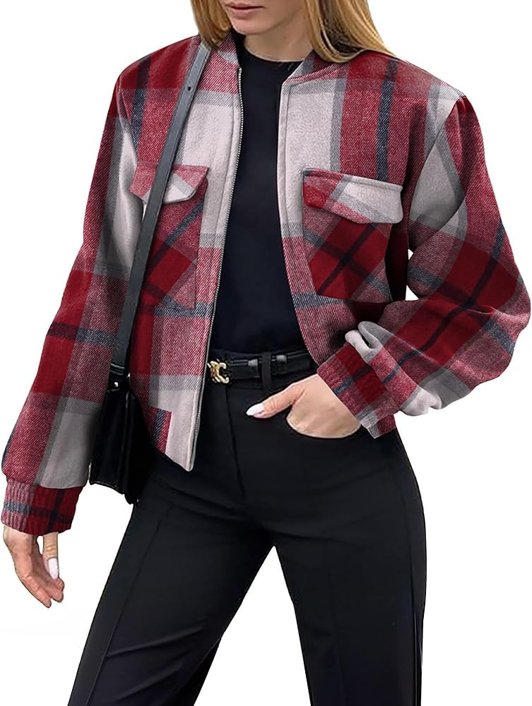 Zeagoo Womens Cropped Jacket Stand Collar Long Sleeve Zip Up Shackets Bomber Jacket Coats with Po... | Amazon (US)