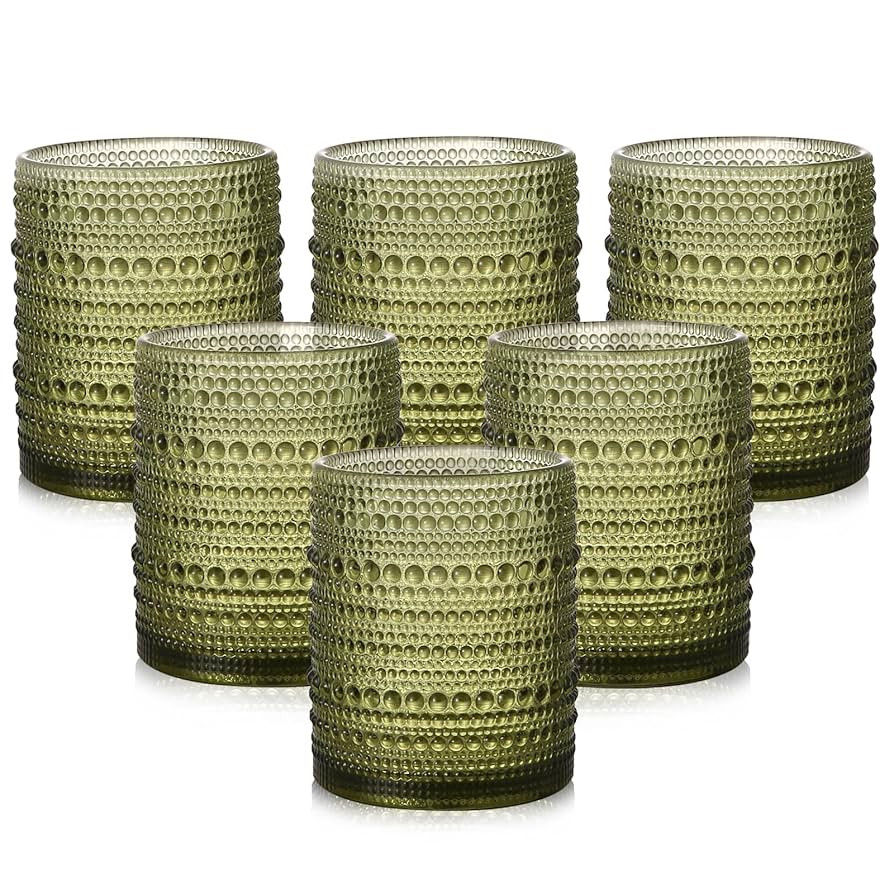 Vintage Glassware Drinking Glasses Set of 6,12 oz Hobnail Glass Cups,Embossed Green Water Tumbler... | Amazon (US)