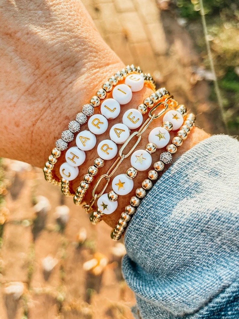 Gold Letter Custom Name Bracelet | Word Bracelet | Personalized Name Bracelet | Beaded Bracelet |... | Etsy (US)