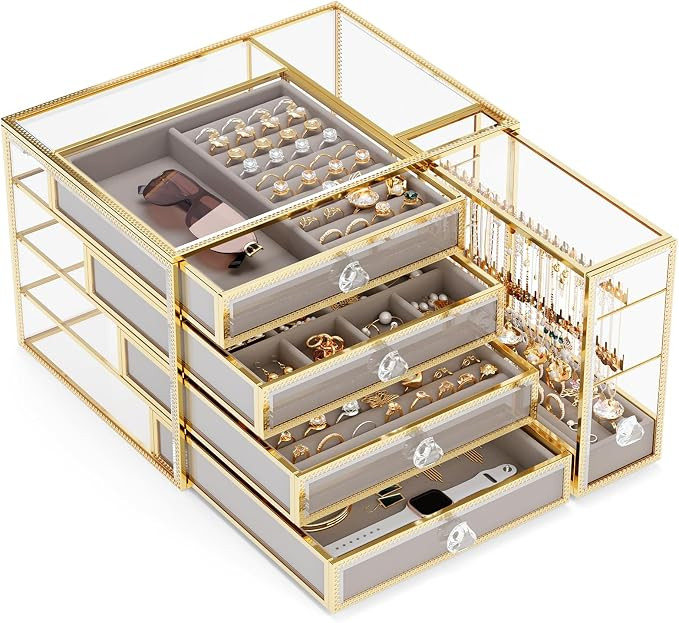 Jewelry Box Tempered Glass 5-Drawer Jewelry Organizers and storage, Large Jewelry Boxes & Organiz... | Amazon (US)
