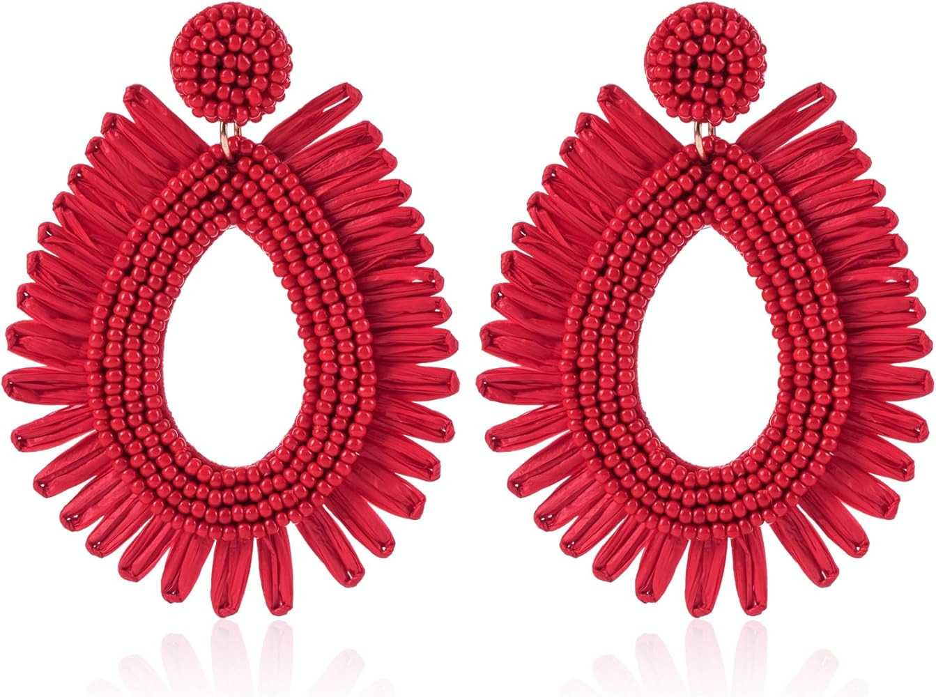 Raffia Statement Beaded Earrings Boho - Handmade Teardrop Dangle Earrings for Summer Beach Vacati... | Amazon (US)