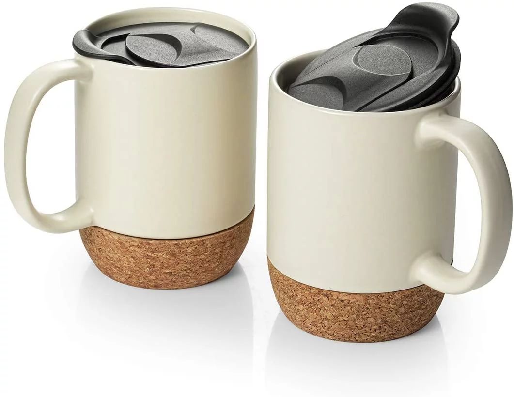DOWAN Coffee Mugs Set of 2, 15 OZ Ceramic Mug with Insulated Cork Bottom and Splash Proof Lid, La... | Walmart (US)