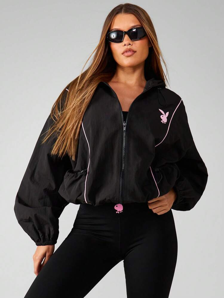 Missguided X Playboy Oversized Zip Up Hoodie Windbreaker Jacket With Hood And Pockets For Layering | SHEIN