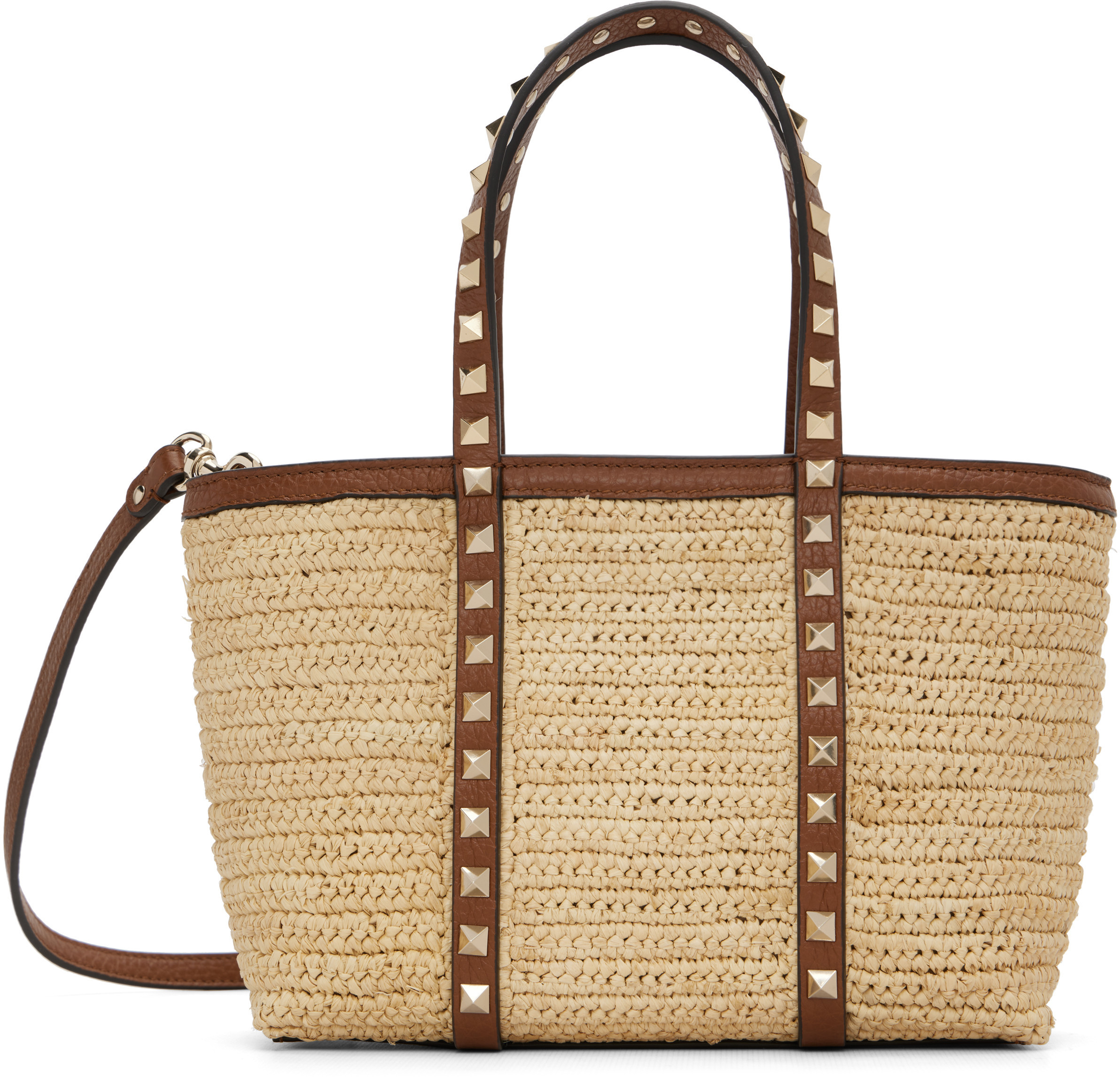 Valentino Garavani Beige Mini Rockstud Raffia Shopping Bag | SSENSE